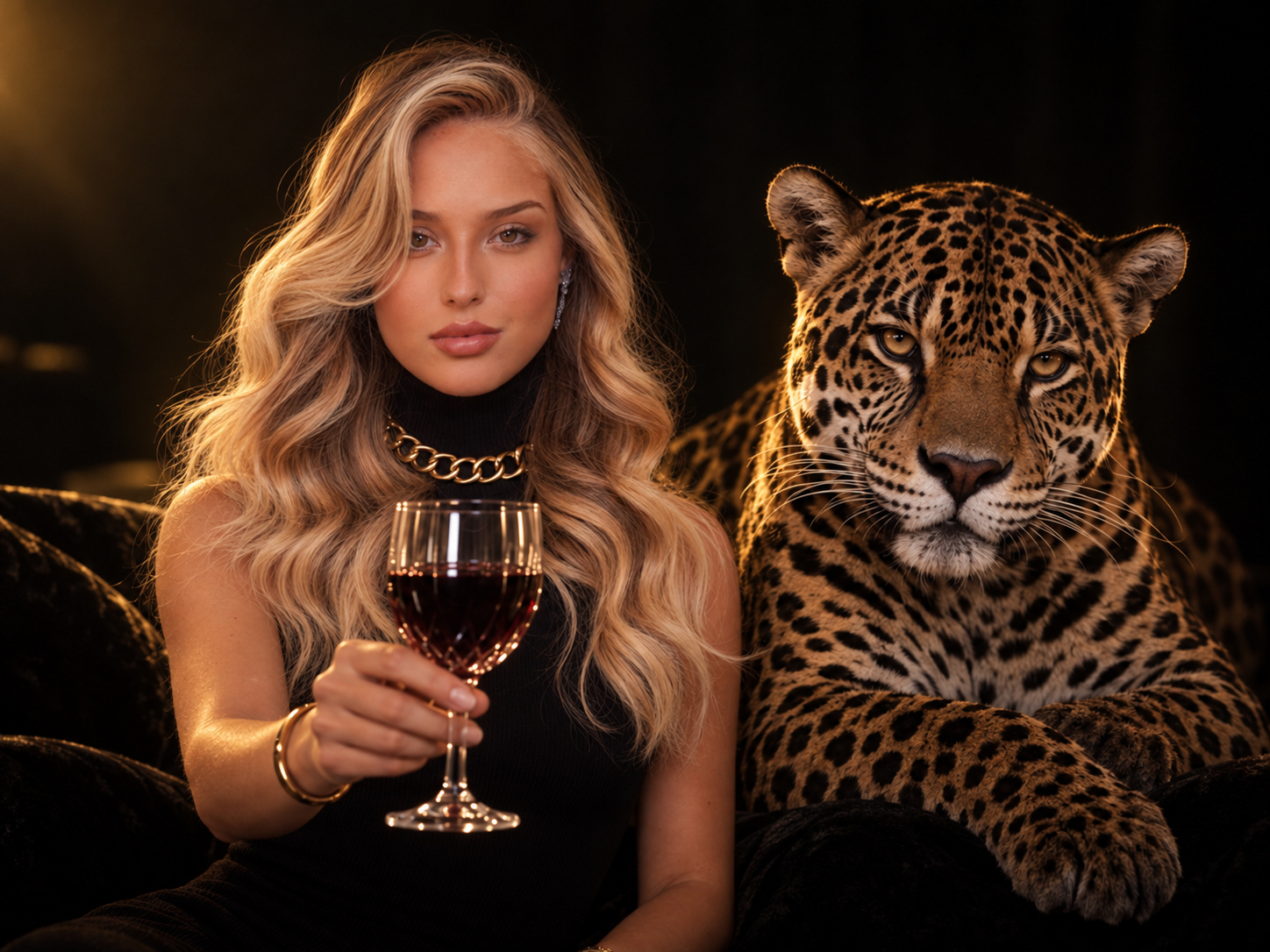 Júlia Rossi brindando com uma taça de vinho ao lado de uma onça-pintada